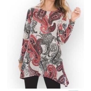 Chico's 1 Paisley Print Tunic Top Red Black Beige Long Sleeve Hi Low Hem Boho